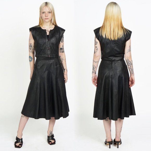 VINTAGE Real Leather Black Top Midi Skirt Set Suit - Picture 2 of 3